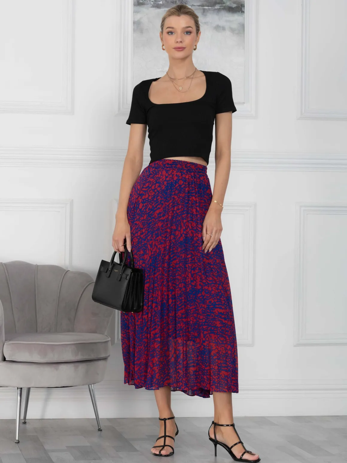 Jolie Moi Saige Animal Print Pleated Midi Skirt, Abstract Multi
