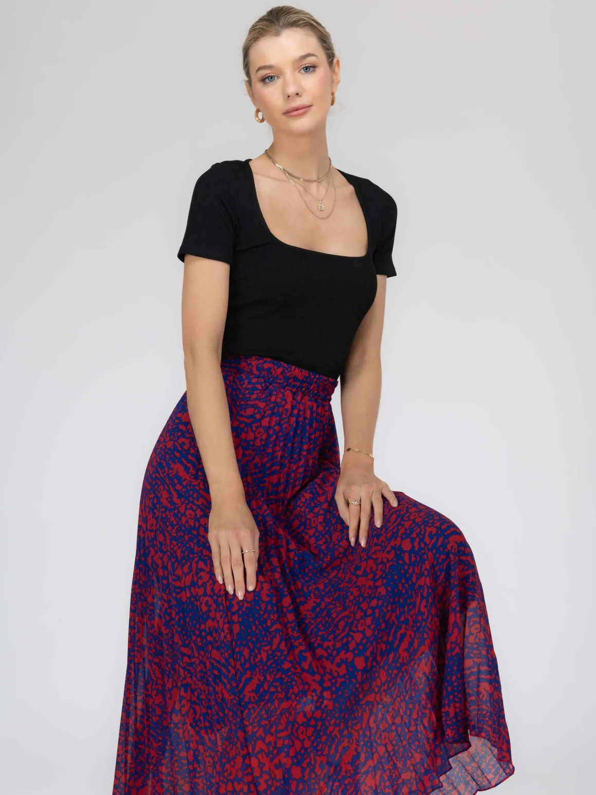 Jolie Moi Saige Animal Print Pleated Midi Skirt, Abstract Multi