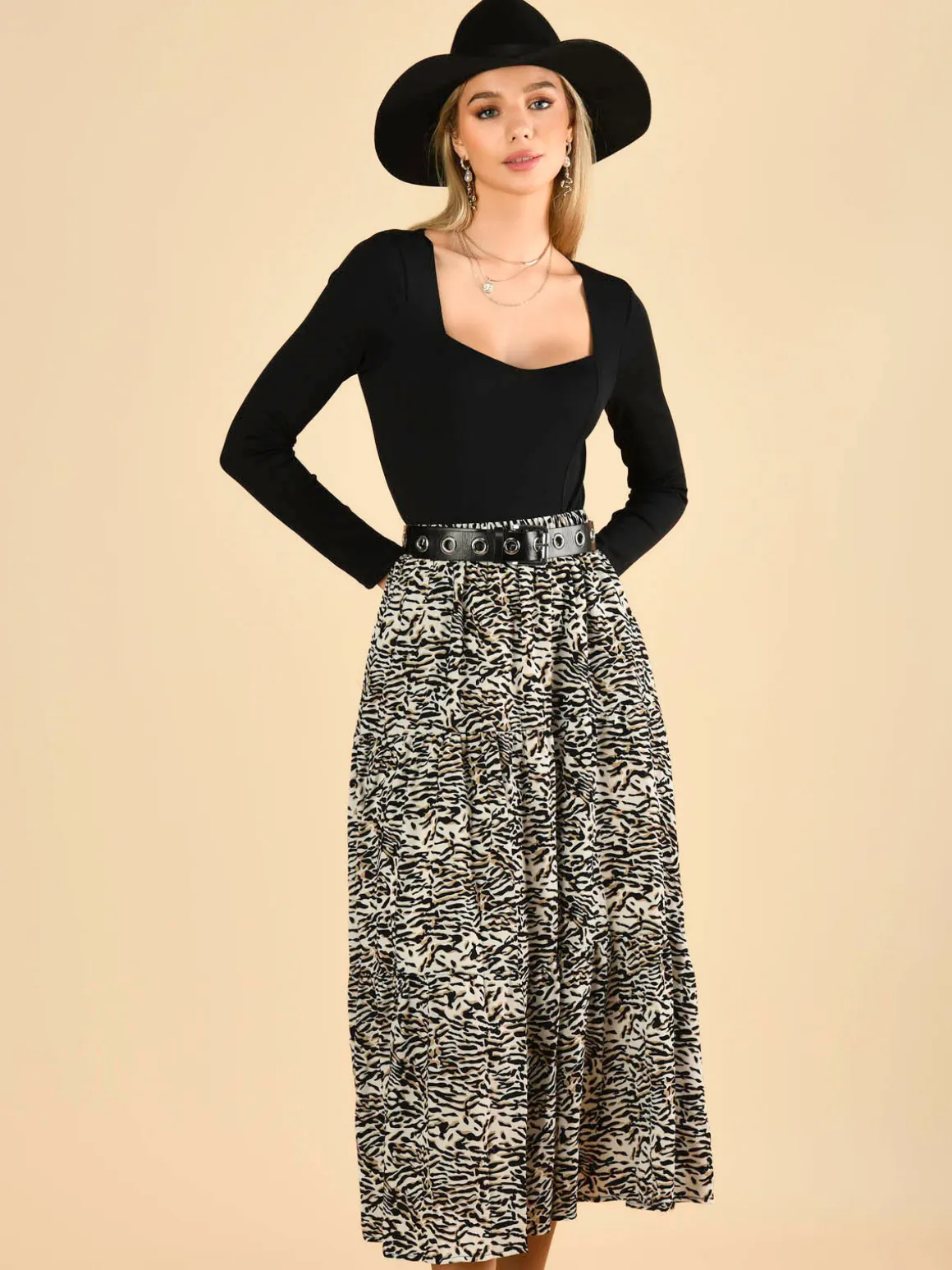 Jolie Moi Sara Animal Print Midi Skirt, Cream Animal