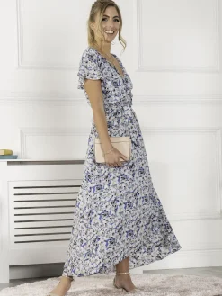 Jolie Moi Selina Wrap Dip Hem Dress, Blue Floral