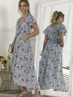 Jolie Moi Selina Wrap Dip Hem Dress, Blue Floral