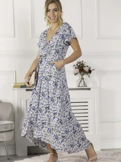 Jolie Moi Selina Wrap Dip Hem Dress, Blue Floral