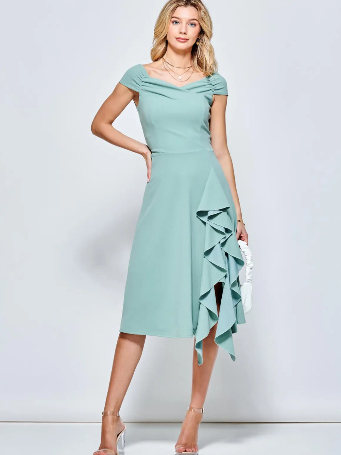Jolie Moi Skylar Off Shoulder Ruffle Hem Dress, Mint Green