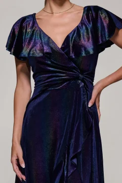 Jolie Moi Stripe Print Asymmetric Ruffle Velvet Dress, Navy/Multi