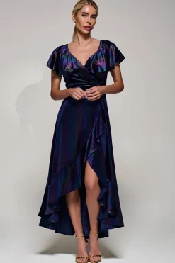 Jolie Moi Stripe Print Asymmetric Ruffle Velvet Dress, Navy/Multi