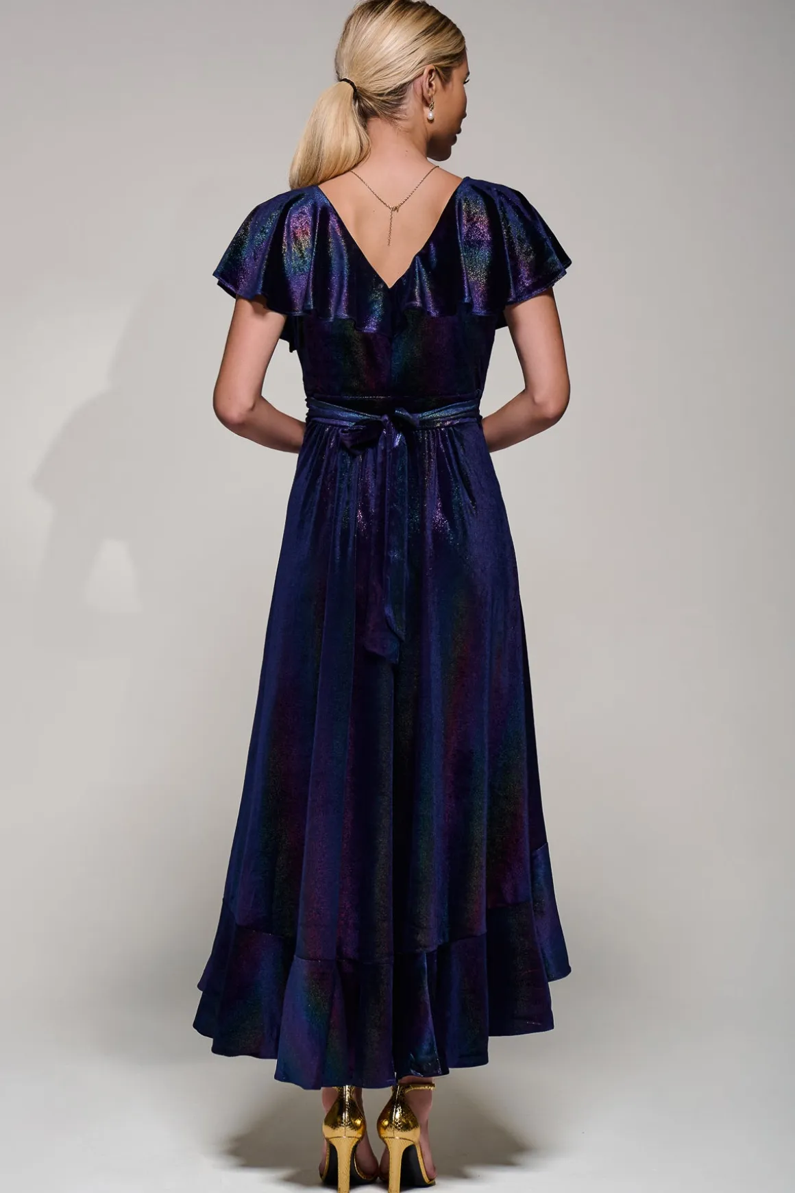 Jolie Moi Stripe Print Asymmetric Ruffle Velvet Dress, Navy/Multi