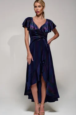 Jolie Moi Stripe Print Asymmetric Ruffle Velvet Dress, Navy/Multi