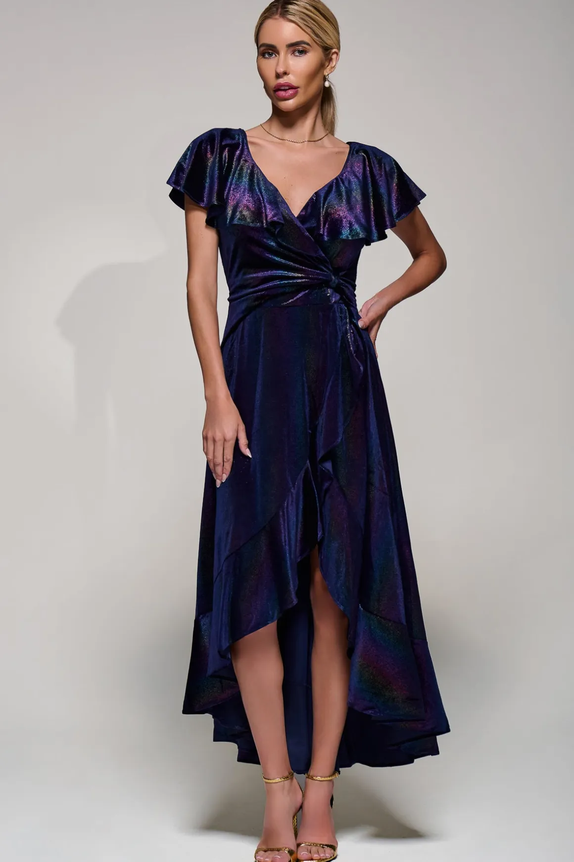 Jolie Moi Stripe Print Asymmetric Ruffle Velvet Dress, Navy/Multi