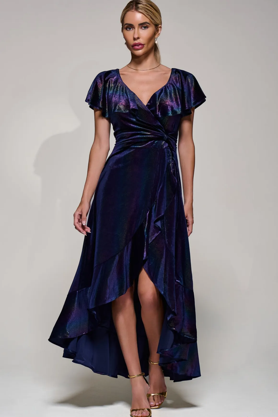 Jolie Moi Stripe Print Asymmetric Ruffle Velvet Dress, Navy/Multi