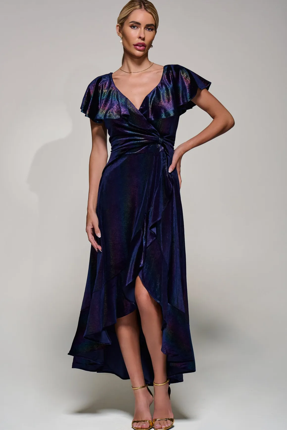Jolie Moi Stripe Print Asymmetric Ruffle Velvet Dress, Navy/Multi