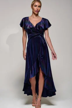 Jolie Moi Stripe Print Asymmetric Ruffle Velvet Dress, Navy/Multi