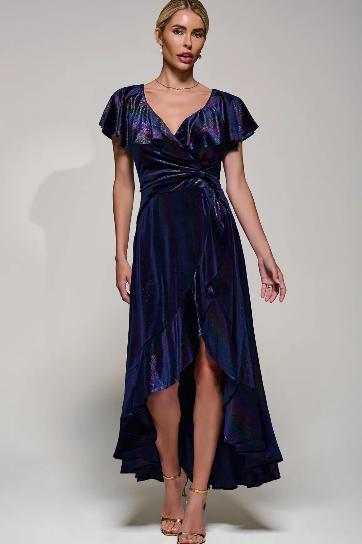 Jolie Moi Stripe Print Asymmetric Ruffle Velvet Dress, Navy/Multi