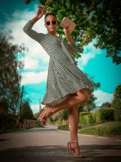 Jolie Moi Tie Front Sleeved Dress, Green/Multi