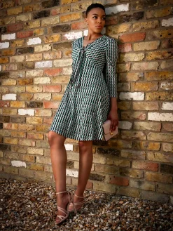 Jolie Moi Tie Front Sleeved Dress, Green/Multi