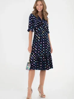 Jolie Moi Twist Front Metallic Spot Print Velvet Dress, Navy/Multi