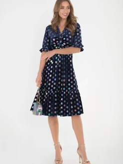 Jolie Moi Twist Front Metallic Spot Print Velvet Dress, Navy/Multi