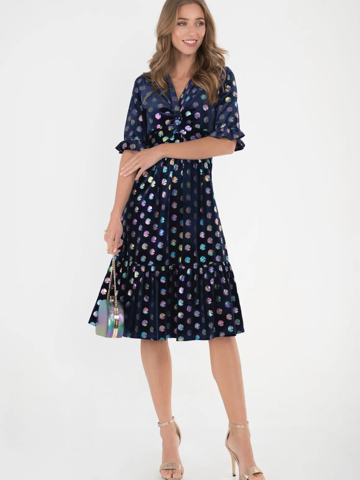 Jolie Moi Twist Front Metallic Spot Print Velvet Dress, Navy/Multi