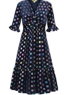 Jolie Moi Twist Front Metallic Spot Print Velvet Dress, Navy/Multi