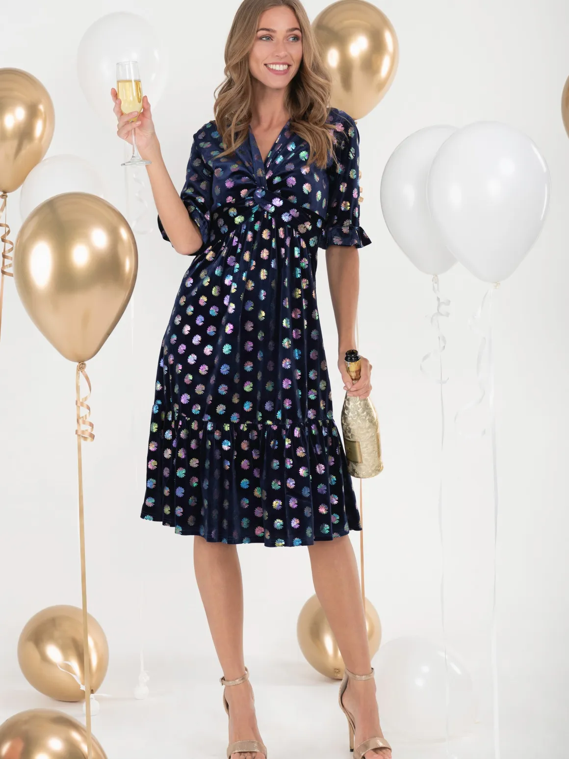 Jolie Moi Twist Front Metallic Spot Print Velvet Dress, Navy/Multi