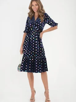 Jolie Moi Twist Front Metallic Spot Print Velvet Dress, Navy/Multi