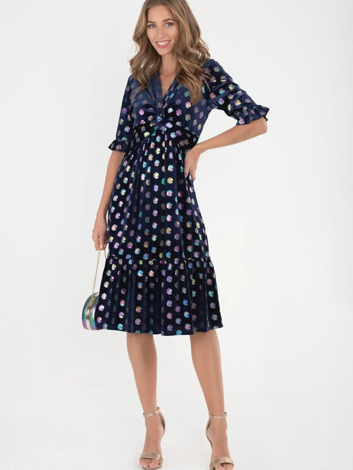 Jolie Moi Twist Front Metallic Spot Print Velvet Dress, Navy/Multi