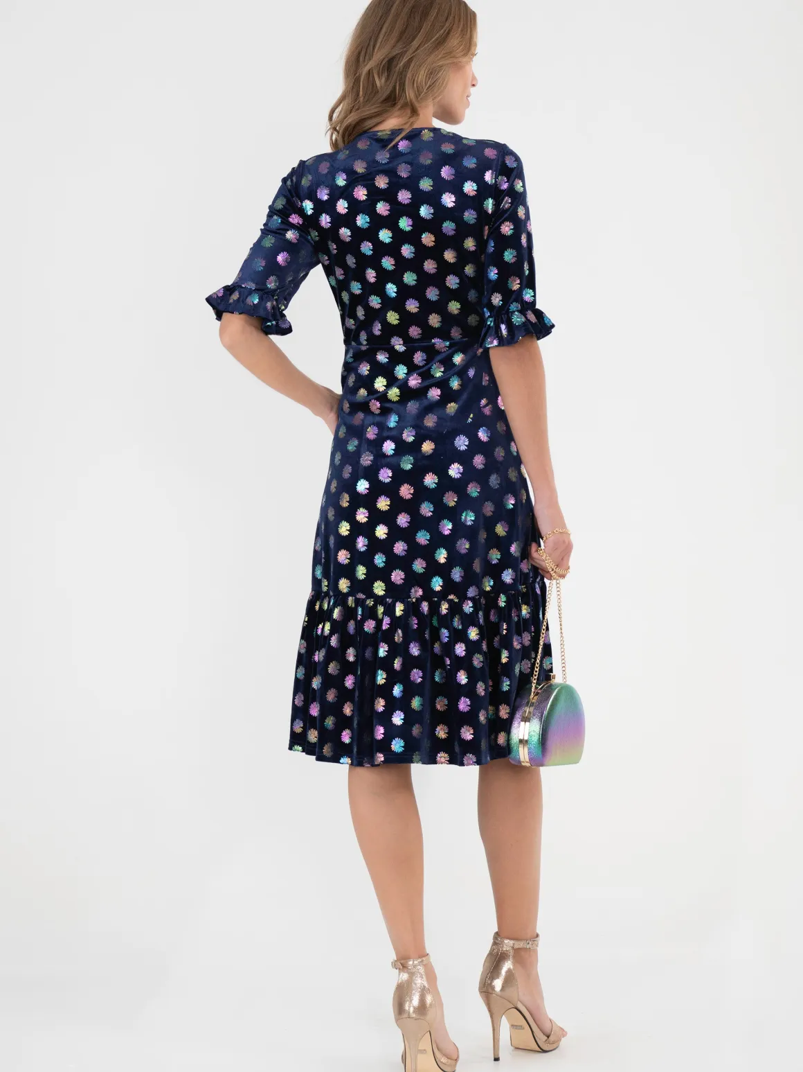 Jolie Moi Twist Front Metallic Spot Print Velvet Dress, Navy/Multi