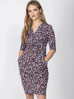 Jolie Moi Wrap Front Bodycon Dress, Navy Floral