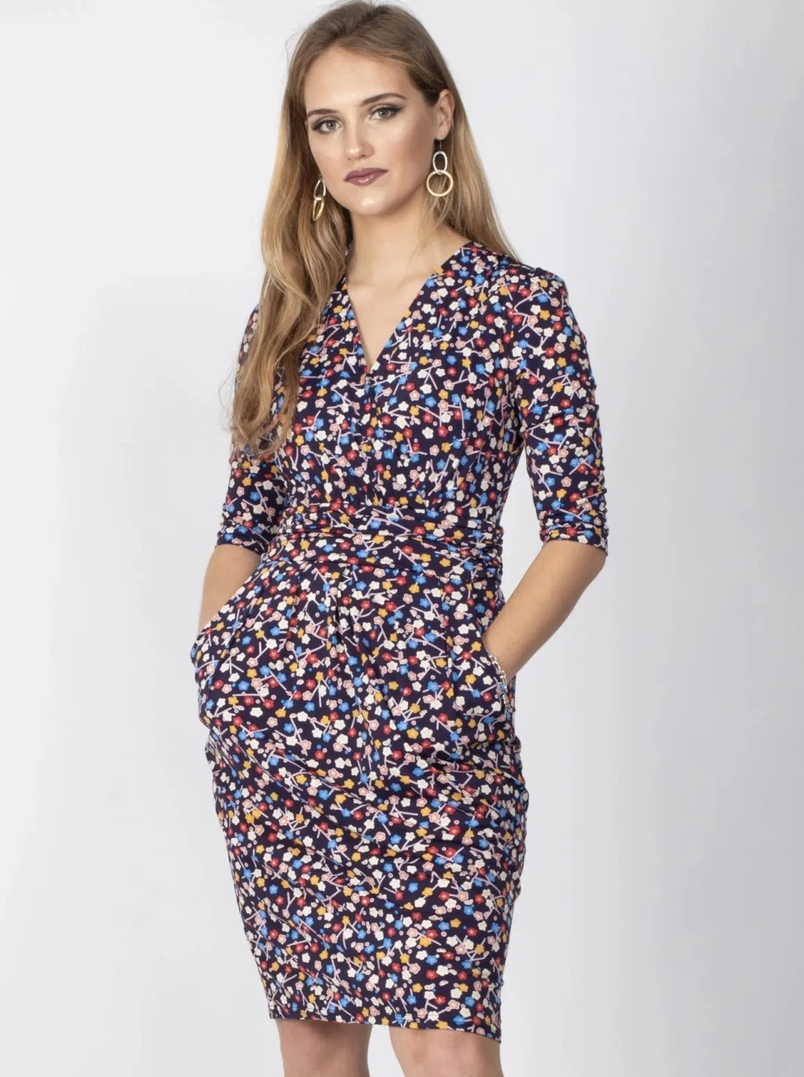 Jolie Moi Wrap Front Bodycon Dress, Navy Floral