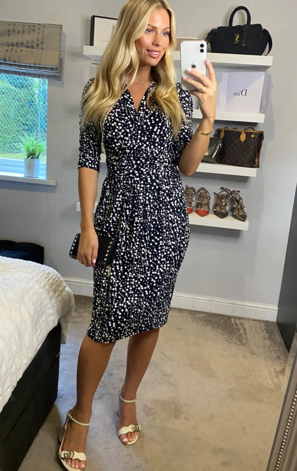 Jolie Moi Wrap Front Bodycon Dress, Navy Spot