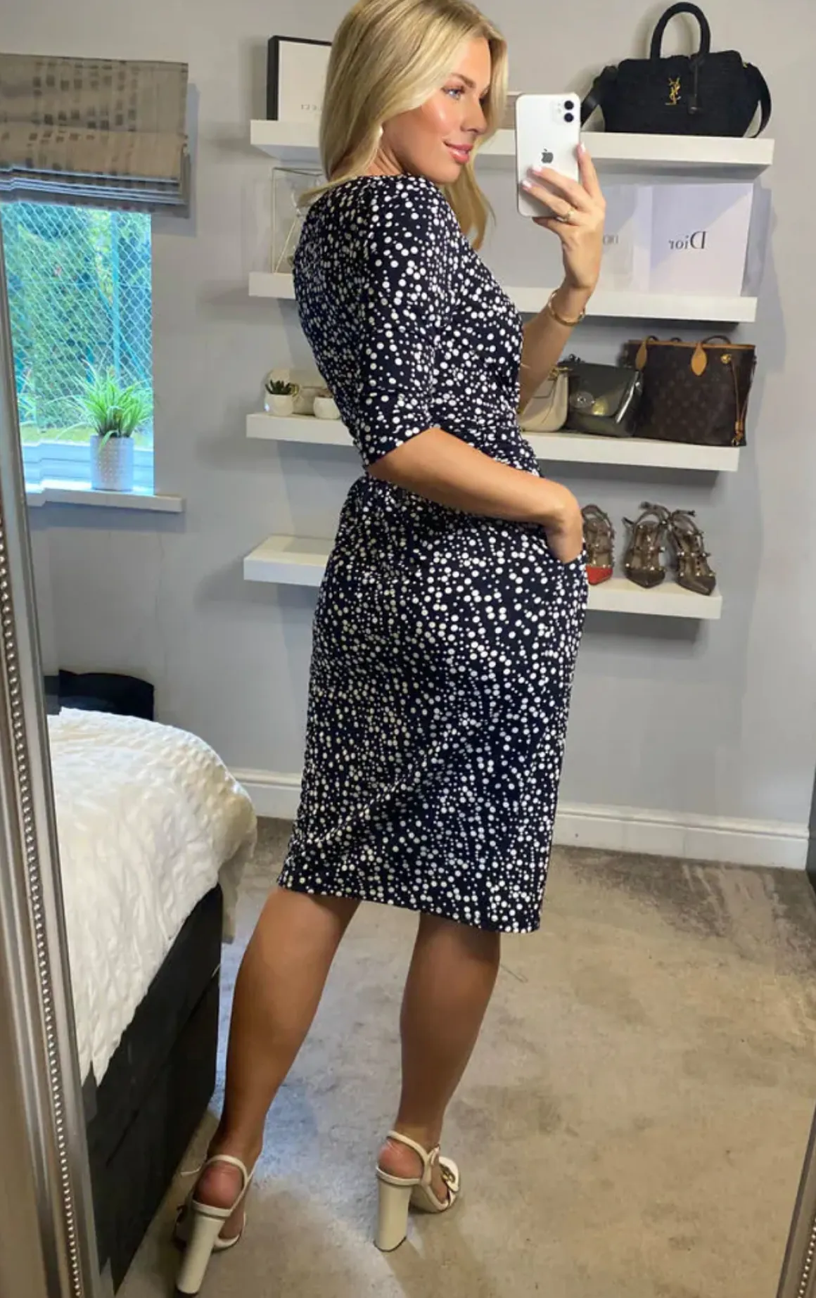 Jolie Moi Wrap Front Bodycon Dress, Navy Spot