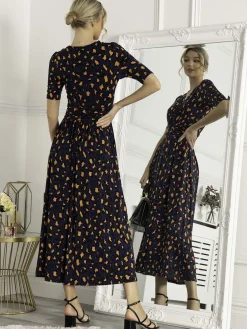 Josie Animal Print Wrap Neck Maxi Dress, Navy Animal