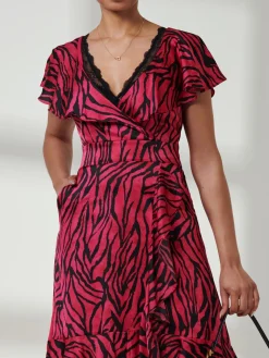 Julissa Satin Flare Hem Dress, Magenta Animal
