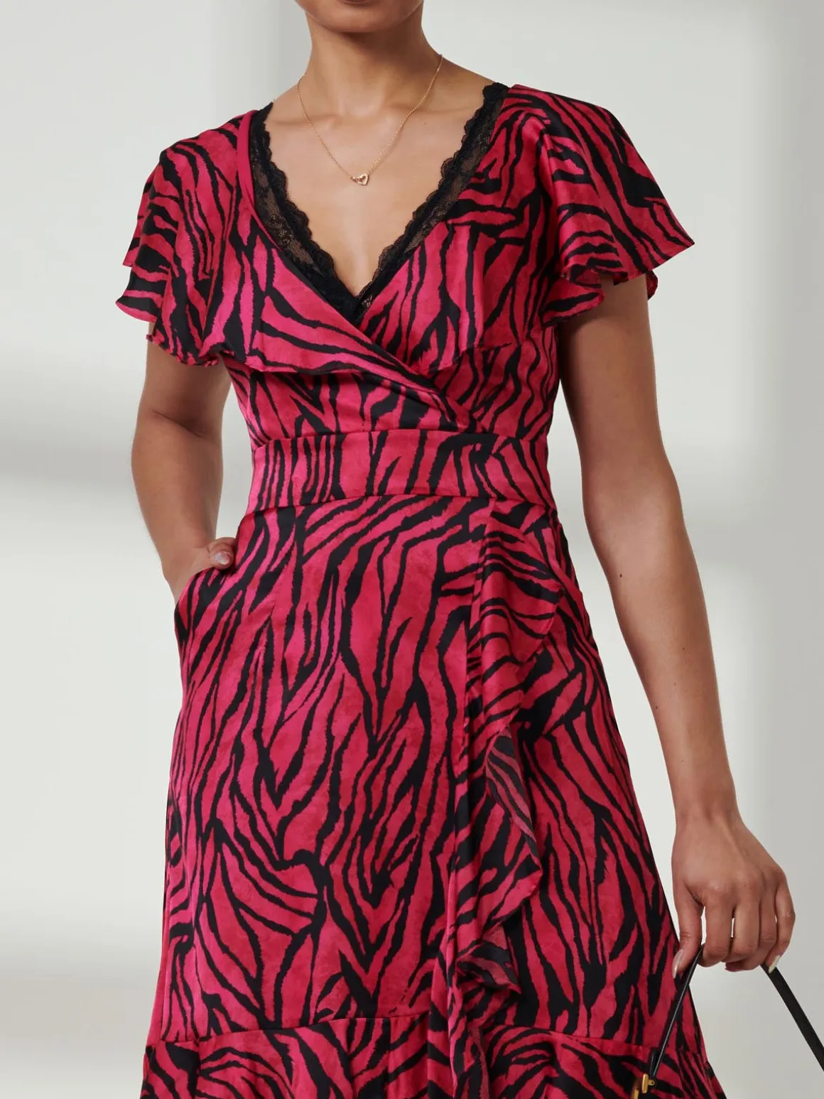 Julissa Satin Flare Hem Dress, Magenta Animal