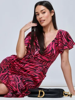 Julissa Satin Flare Hem Dress, Magenta Animal