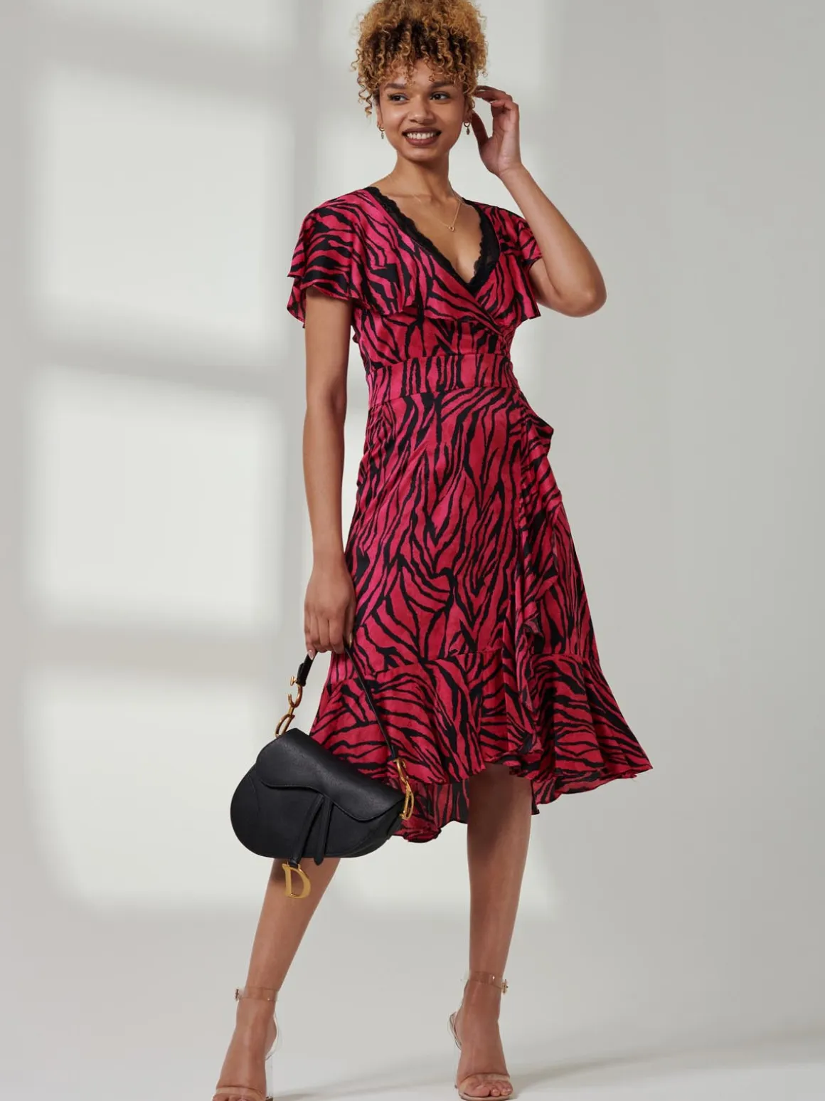 Julissa Satin Flare Hem Dress, Magenta Animal
