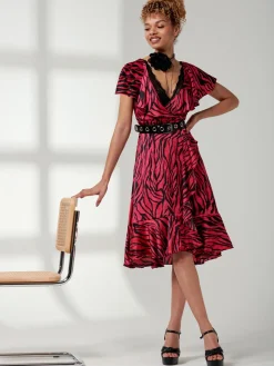 Julissa Satin Flare Hem Dress, Magenta Animal