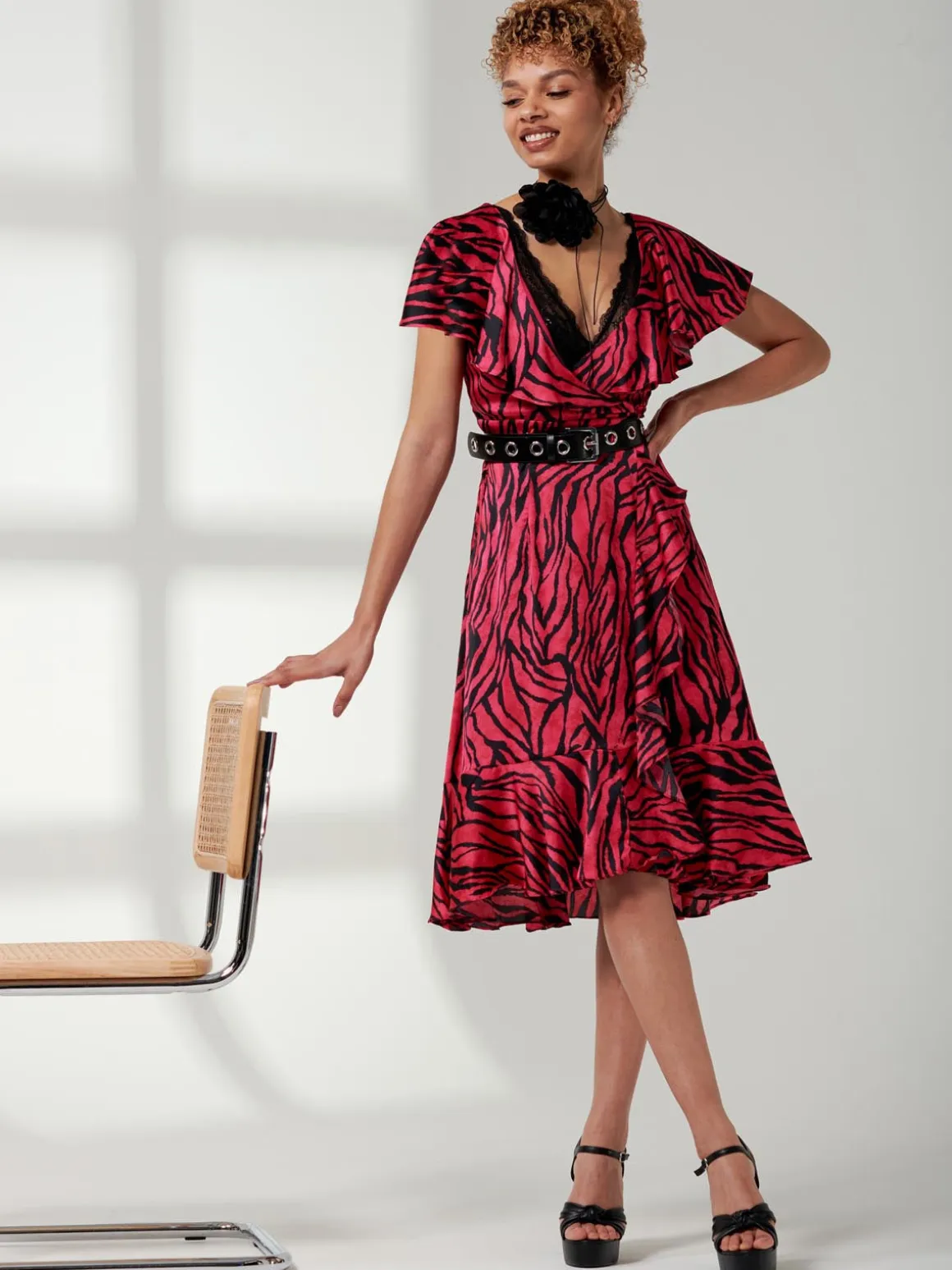 Julissa Satin Flare Hem Dress, Magenta Animal