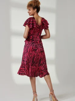 Julissa Satin Flare Hem Dress, Magenta Animal