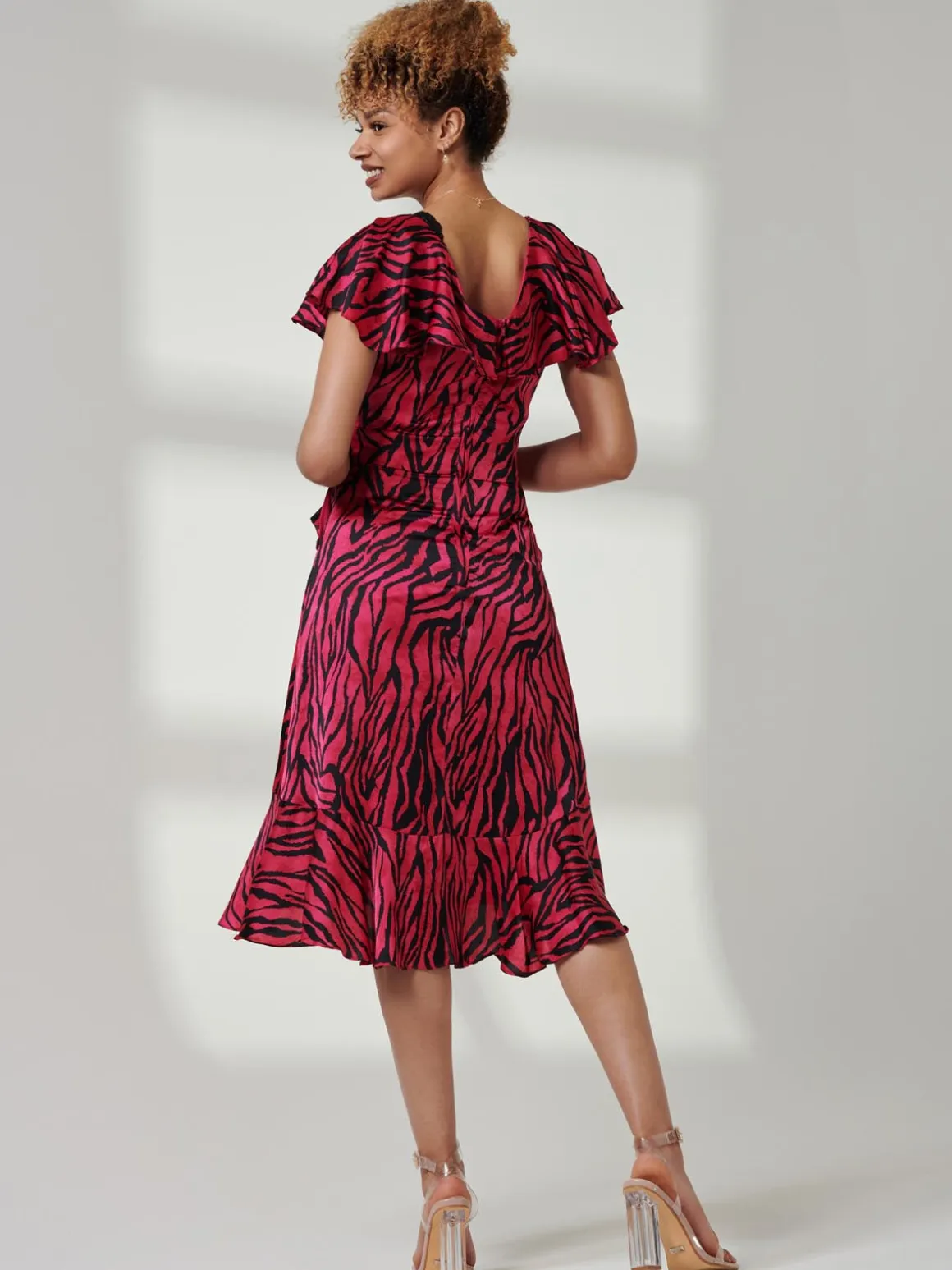Julissa Satin Flare Hem Dress, Magenta Animal