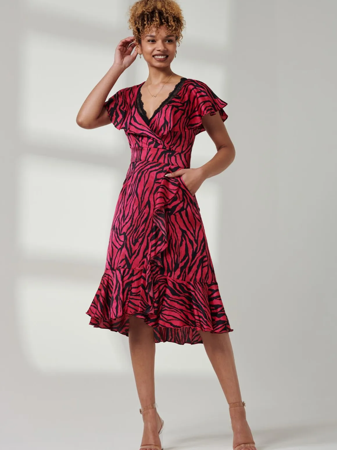 Julissa Satin Flare Hem Dress, Magenta Animal