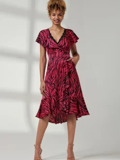 Julissa Satin Flare Hem Dress, Magenta Animal