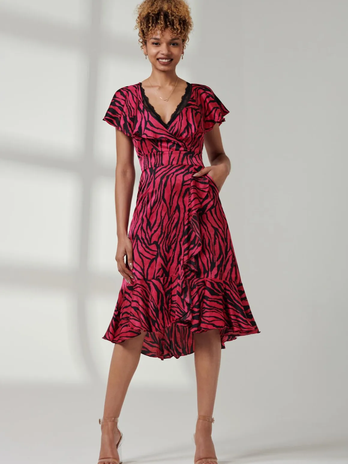 Julissa Satin Flare Hem Dress, Magenta Animal