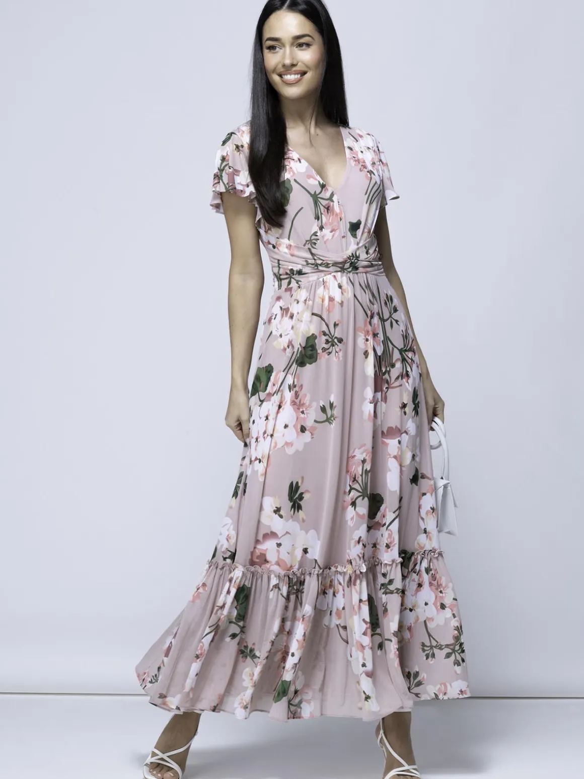 Kailee Mesh Floral Print Maxi Dress, Dusty Pink