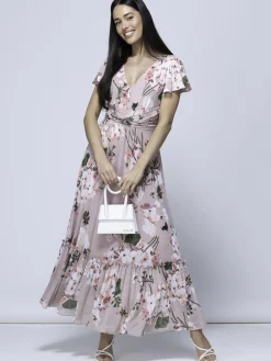 Kailee Mesh Floral Print Maxi Dress, Dusty Pink