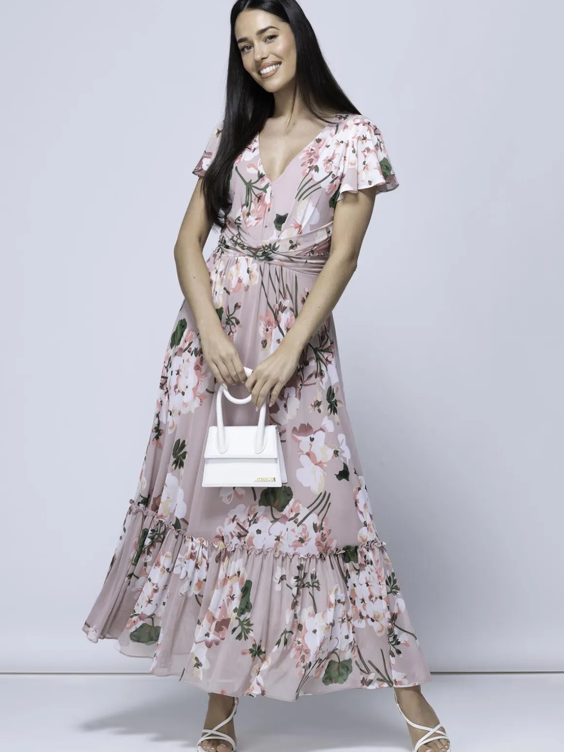 Kailee Mesh Floral Print Maxi Dress, Dusty Pink