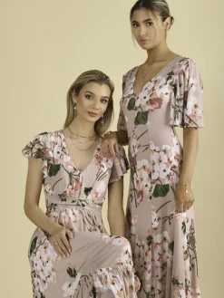 Kailee Mesh Floral Print Maxi Dress, Dusty Pink