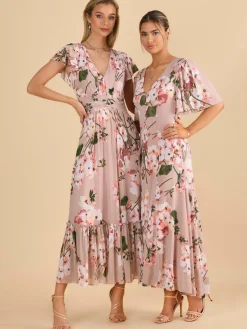 Kailee Mesh Floral Print Maxi Dress, Dusty Pink