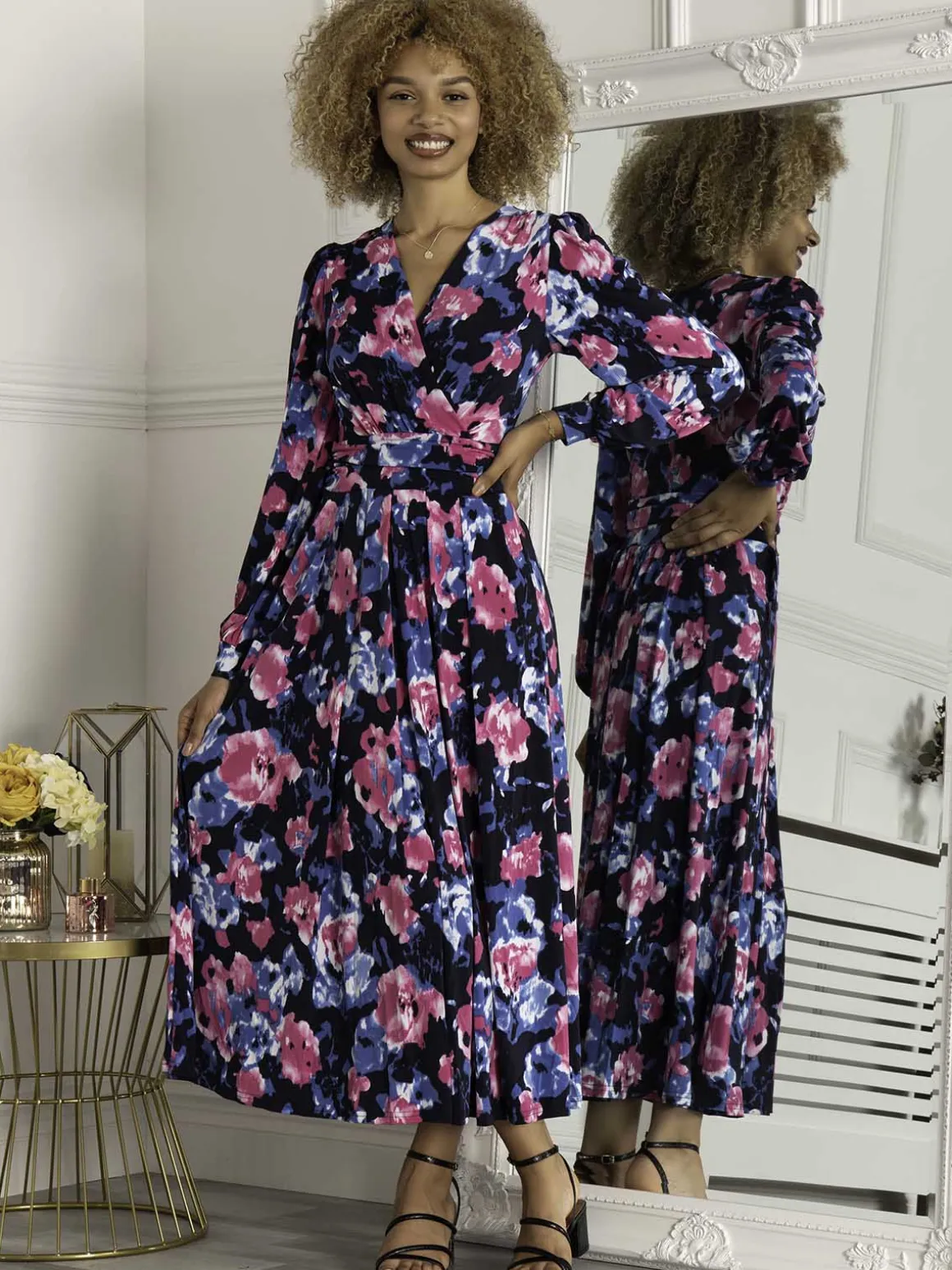 Kamille Floral Long Sleeve Dress, Navy Floral