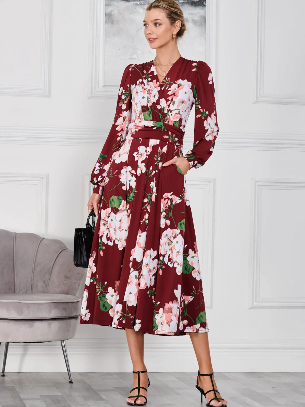 Kamille Long Sleeve Dress, Dark Red