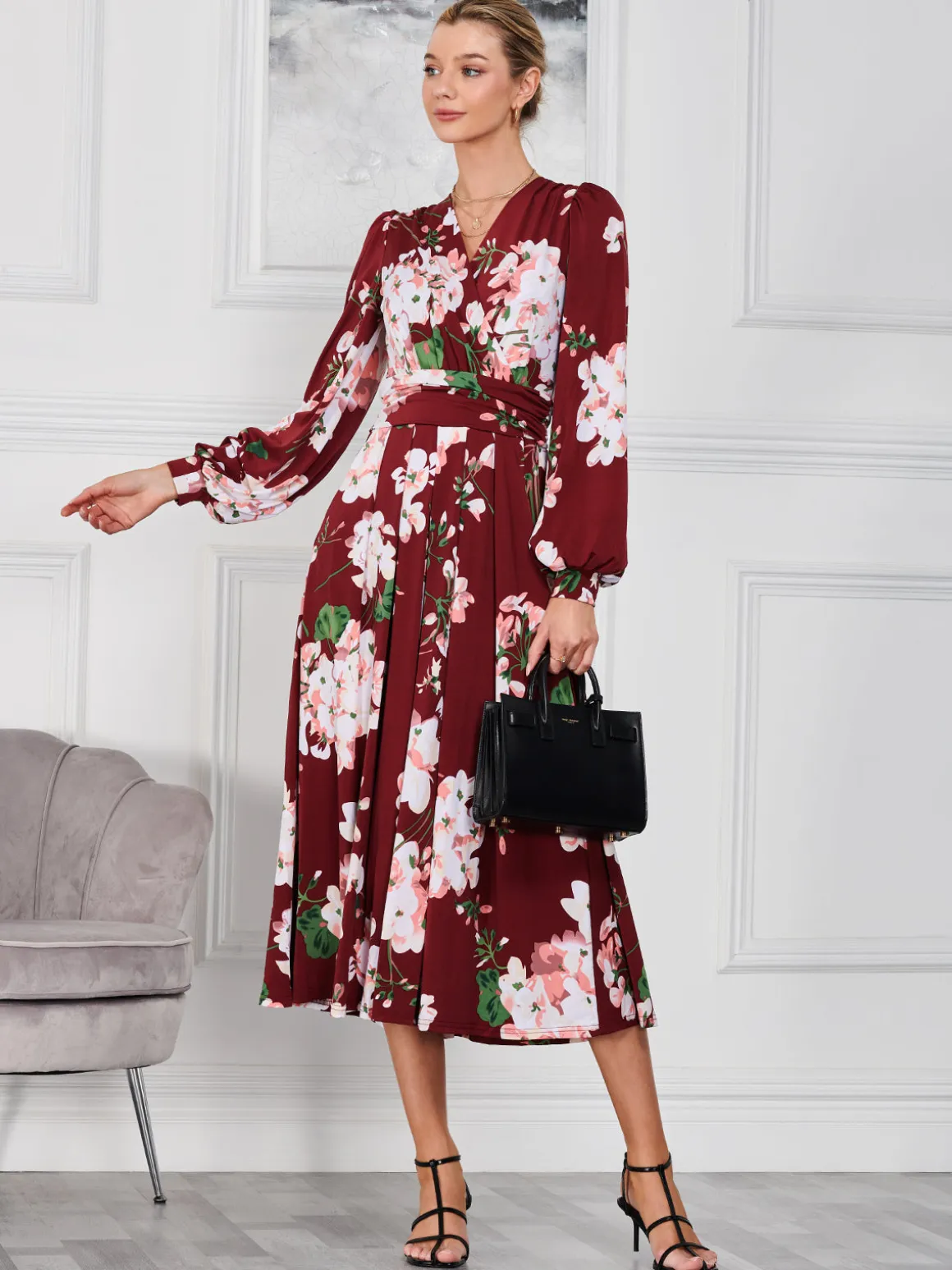 Kamille Long Sleeve Dress, Dark Red